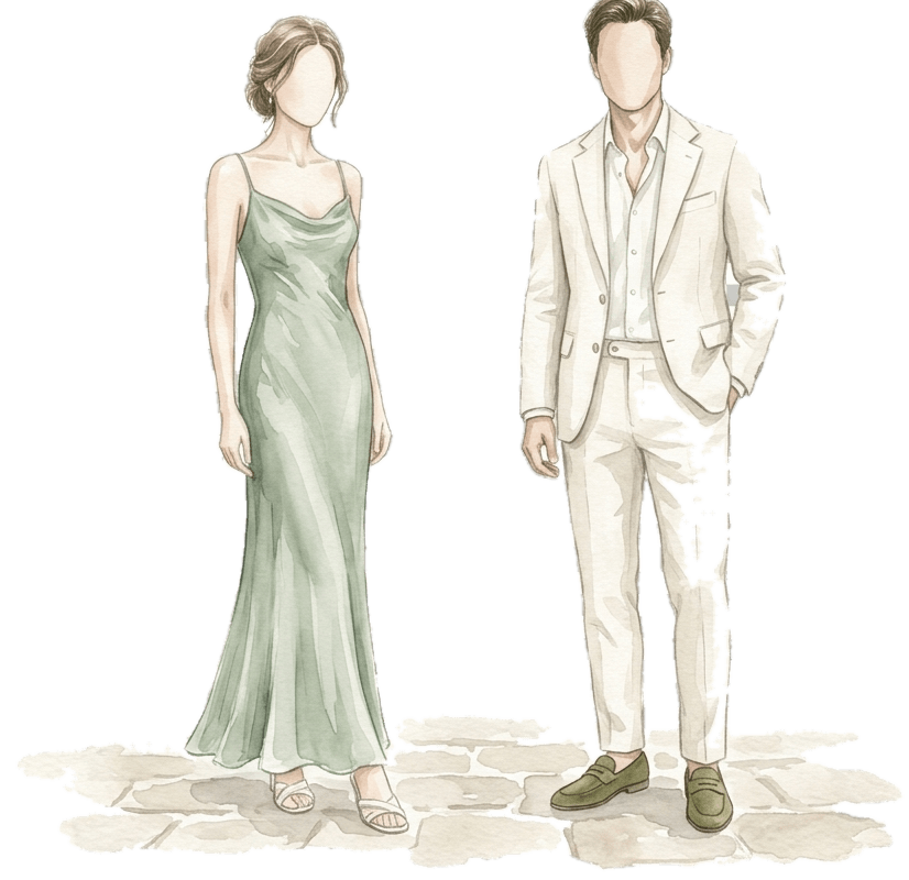 Illustration: a floor-length sage silk slip dress with flat sandals, and an ivory linen suit with an open-collar shirt and loafers