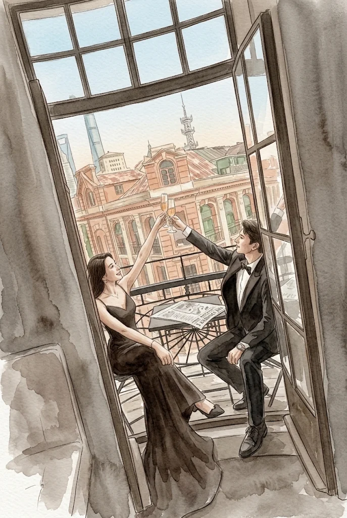 Watercolour of Peonie and Alhamza raising a toast on a balcony above old Shanghai rooftops